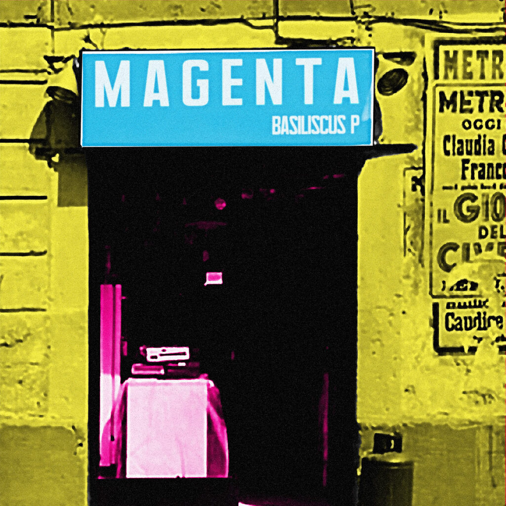 magenta - la copertina del singolo dei basilicu p che rappresenta l'insegna di un negozio con all'esterno un tavolo con una tovaglia colorata