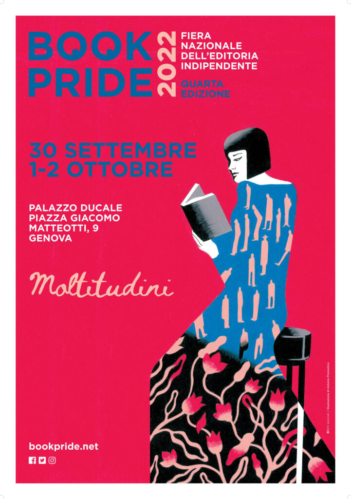 book pride genova - la locandina rossa con una donna seduta su un osgabello, con caschetto nero alla francese, abitolungo blu e gonna nera e rossa, ha in mano un libro 