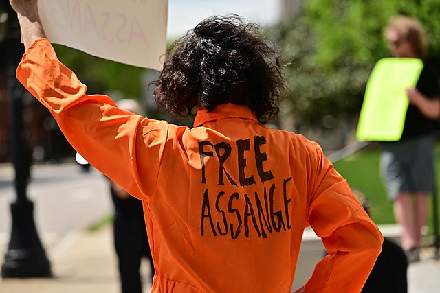 la mai voce per Assange un manifestane di spalle in tuta arancione con scritta free assange