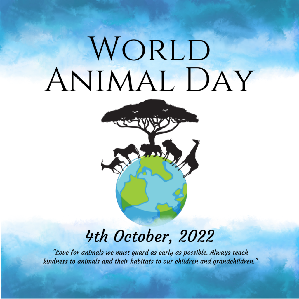 Giornata mondiale degli animali - un globo terrestre blu e verde e sopra delle sagome nere di animali che camminano. Al centro, sempre sopra il globo la sagoma nera di un albero