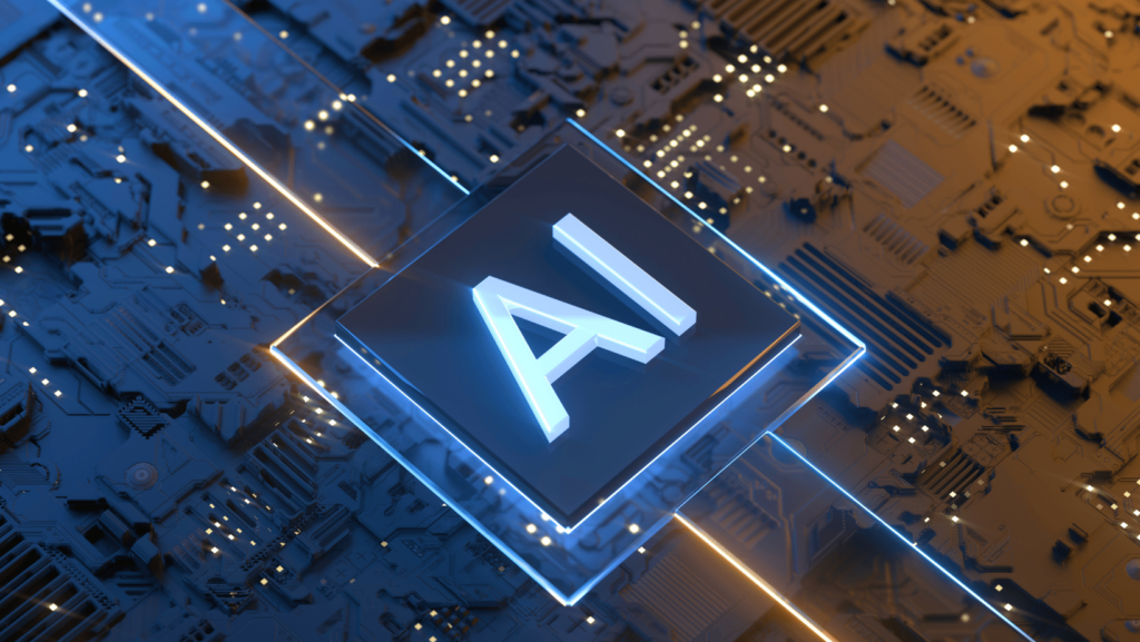 view conference - nella foto un ingrandimento di un microchip con al centro un quadrato blu con la scritta "AI"