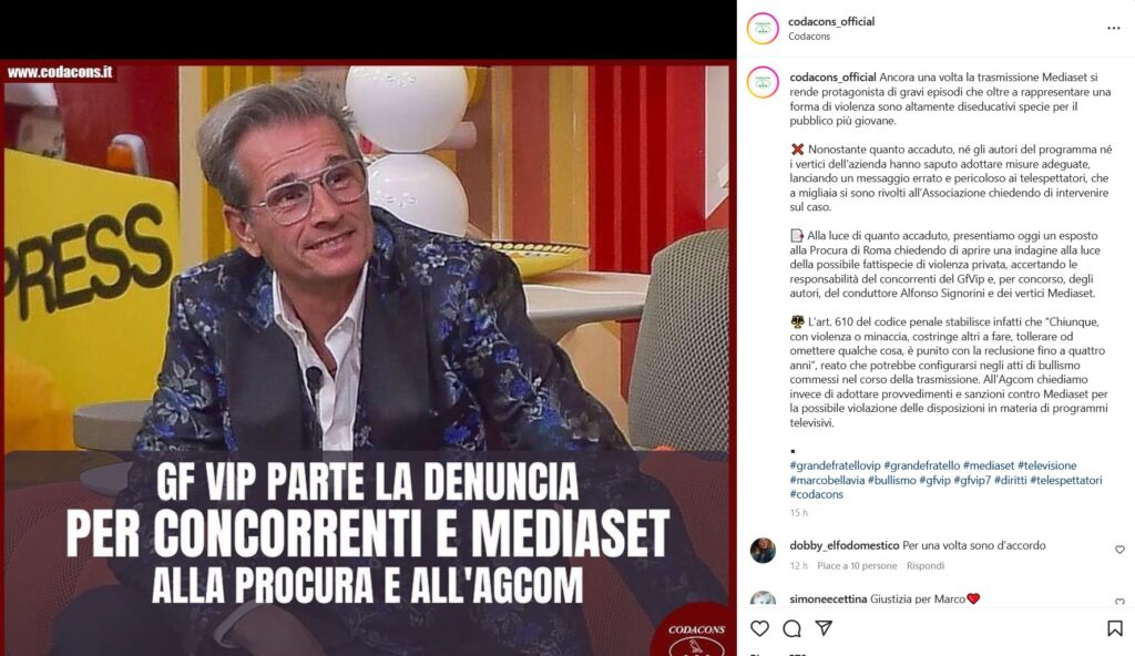 GFVIP codacons - lo screenshot del post su instagram