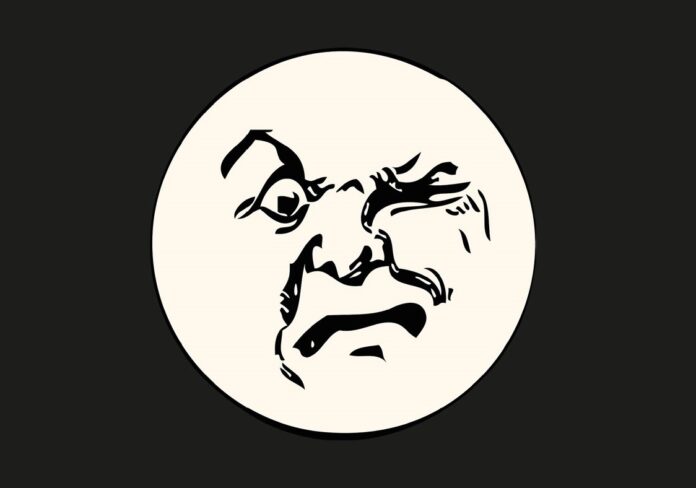 Angelo Gualtieri il Polemista - la copertina del libro tutta nera con un cerchio bianco al centro che è la forma di un viso che strizza l'occhio con espressione imbruttita