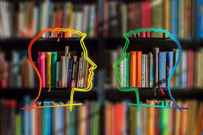 Biblioteche Milano - nella foto una libreria piena di libri . La foto è sfocata ma al centro c'è il disegno di due teste d'uomo, con il profilo colorato di giall e di verde e l'interno della testa è ben nitido e si vedono i libri