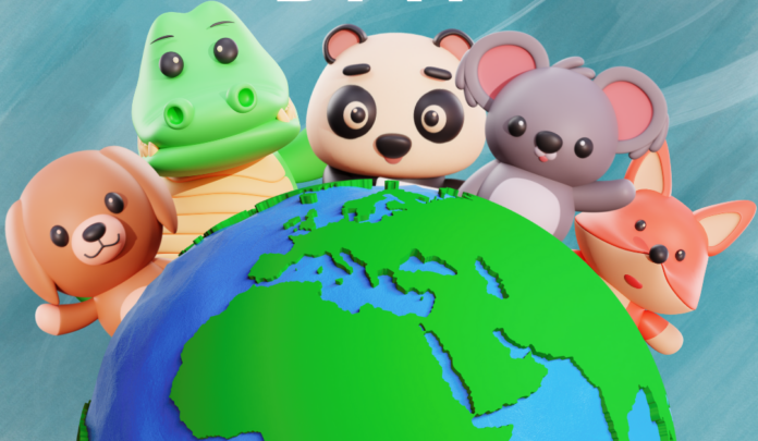World animal Day - disegni animati di animali , un orsacchiotto, un ippopotamo, un panda, un koala e una volpe intorno ad un globo terrestre