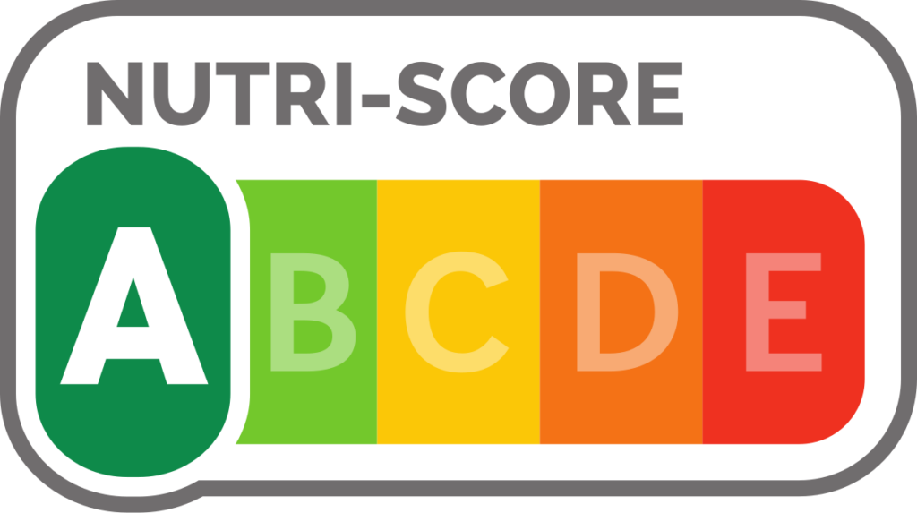 etichettatura alimenti Nutriscore - un'etichetta con le lettere A,B,C,D, E dove la A è verde scuro, la B verde chiaro, la C gialla, la D arancione e la E rossa