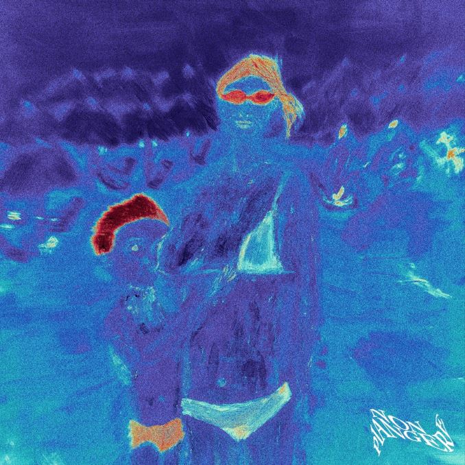 frada - la copertina del nuovo singolo "non piangere" che raffigura il disegno di una donna, dipinta di azzurro, che indossa un bikini bianco