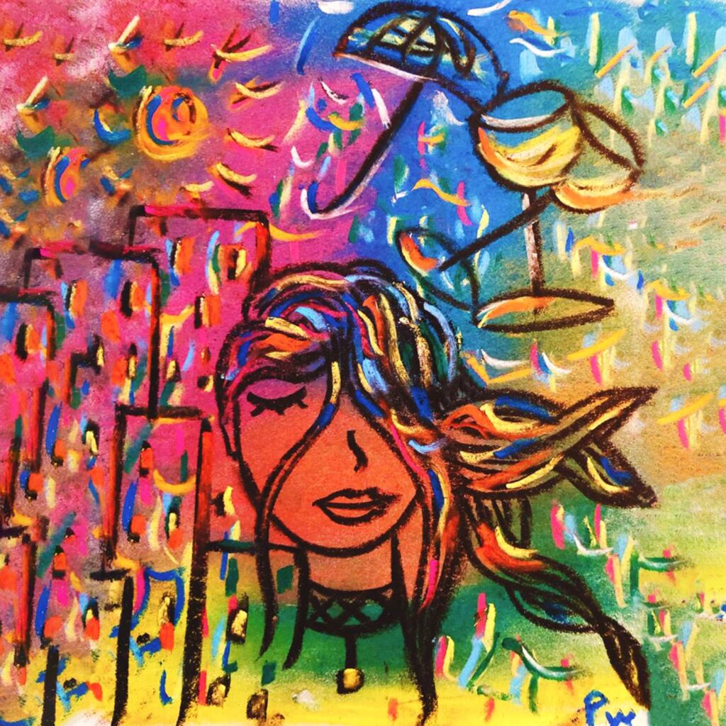 peter white - la copertina del singolo che raffigura il disegno di un volto, colorato vivacemente, circondato da bicchieri e ombrelli stilizzati