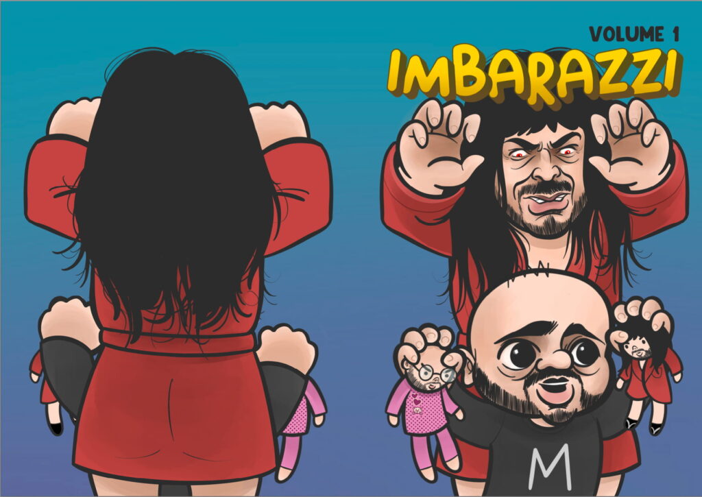 Mandrake Imbarazzi volume 1 - un personaggio del fumetto rappresentante l'autore Mandrake con testa rotonda con pochi capelli e barba con pizzetto maglietta con la "M" tiene in mano due pupazzini