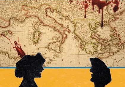 Gianfranco Angioni Metamorfosi imperfette - la copertina del libro, su sfondo giallo, una vecchia cartina geografica d'Europa e in basso due sagome umane nere con cappelli medievali