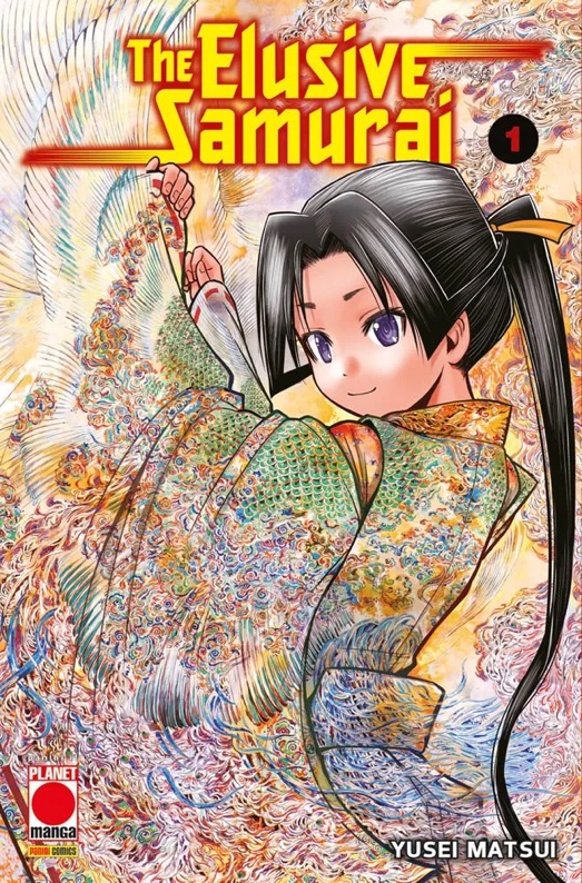 The Elusive Samurai - la copertina del fumetto giapponese con il disegno di un ragazzo con capelli neri raccolti in un alunga coda dietro la nuca e due ciuffic che scendono lungo il viso. Il ragazzo è vestito con un kimono a fiori