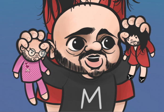 Imbarazzi volume 1 - un personaggio del fumetto rappresentante l'autore Mandrake con testa rotonda con pochi capelli e barba con pizzetto maglietta con la 