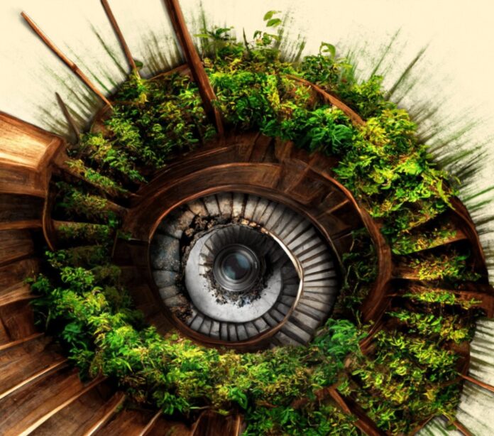 Ambiente e territori in visioni verticali - una scala a chiocciola vista dall'alto, ricoperta di piante verdi e il fondo è un occhio