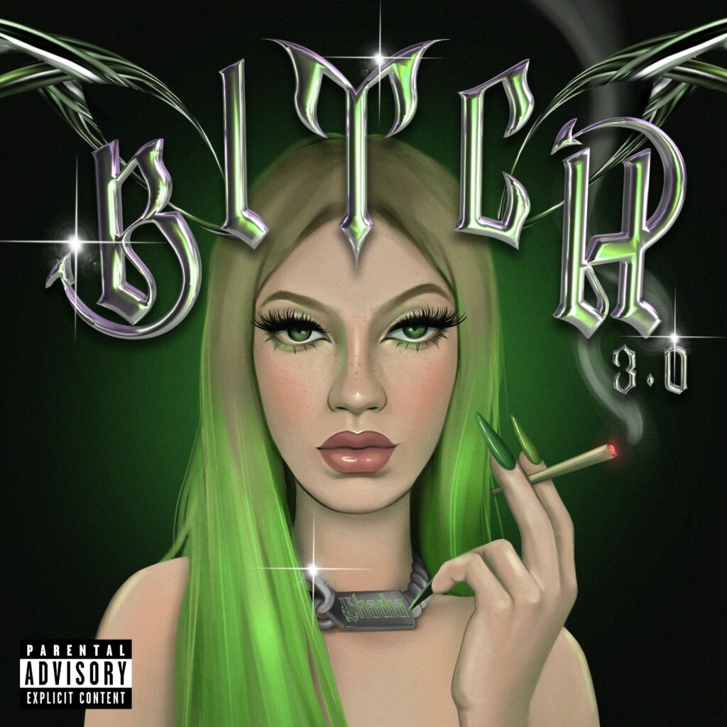 chadia rodriguez - la copertina del nuovo singolo che la raffigura in un disegno con i capelli tinti di verde e una sigaretta nella mano sinistra