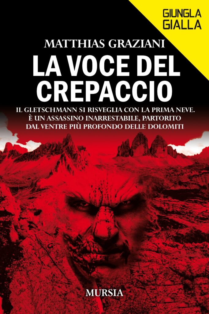 Le Dolomiti nel libro la voce del Carpaccio, qui la copertina  con la copertina del libro con una montagna tutta rossa dal cui pendio fuoriesce un volto demoniaco