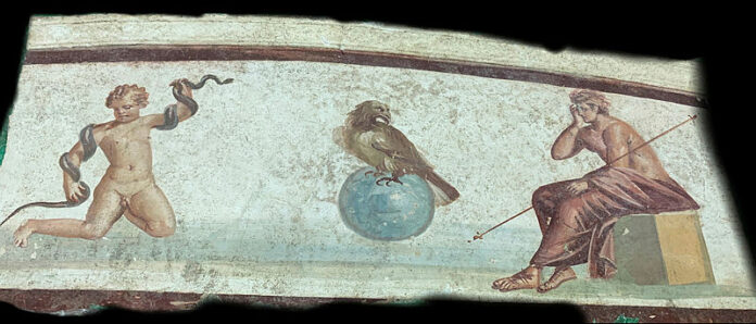 affresco di Ercolano con aquila al centro sul mondo, Zeus e un putto. Toni del beige e azzurro