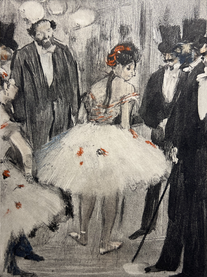 degas la famille cardianle un disegno a carboncino con una ballerina al centro con fiocco rosso su tutut e diversi uomini in frac intorno