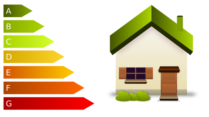 case green - una casettta con il tetto verde e affianco una mezza piramide di strisce colorate dal verde scuro all'arrancione e al rosso con le lettere progressive A B C D E F G , simbolo della classe energetica dell'immobile