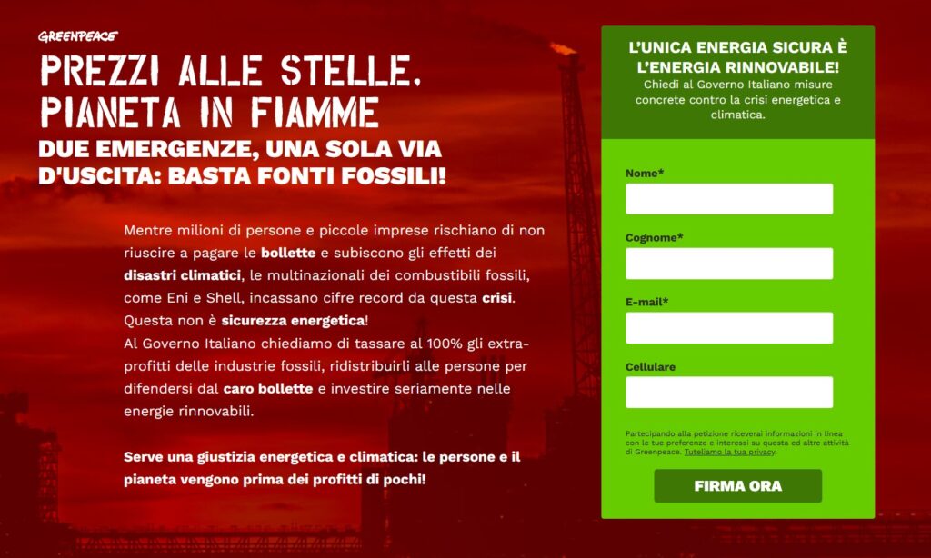 voli privati - lo screenshot della petizione di greenpeace