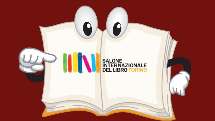 su fondo rosso grafica di libro avatar con occhi e braccia e logo salone del libro