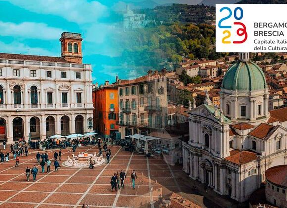 immagini di bergamo e brescia unite con il logo della cpitale della cultura 2023