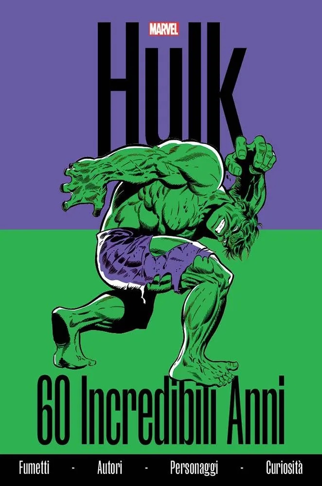 Hulk 60 Incredibili Anni - nella foto la copertina del volume divisa a metà sopra color viola e sotto color verde e inmezzo il personaggio di hulk mentre si china su un ginocchio, con l'espressione arrabbiata o sofferta