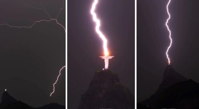 immagini dei tre scatti in Brasile del fotografo Braga del fulmine alla statua del Cristo