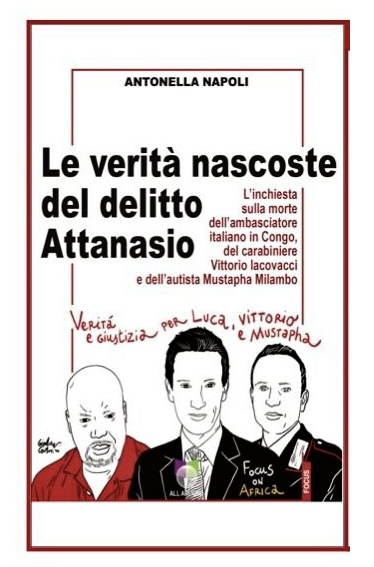 Iò Delitto Attanasio - la copertina del libro, bianca, con delle cornici rosse e sotto tre uomini disegnati come fumetti