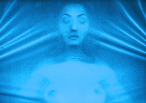 the daily ration - una donna nuda dietro un velo blu