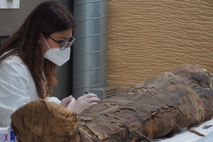 Egitto - una scienziata con camice bianco e mascherina sta restaurando una mummia egizia