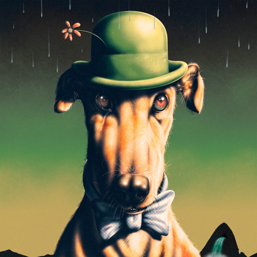 gregorio sanchez - la copertina del nuovo singolo che raffigura un cane da caccia, con un cappello verde a bombetta, e il papillon