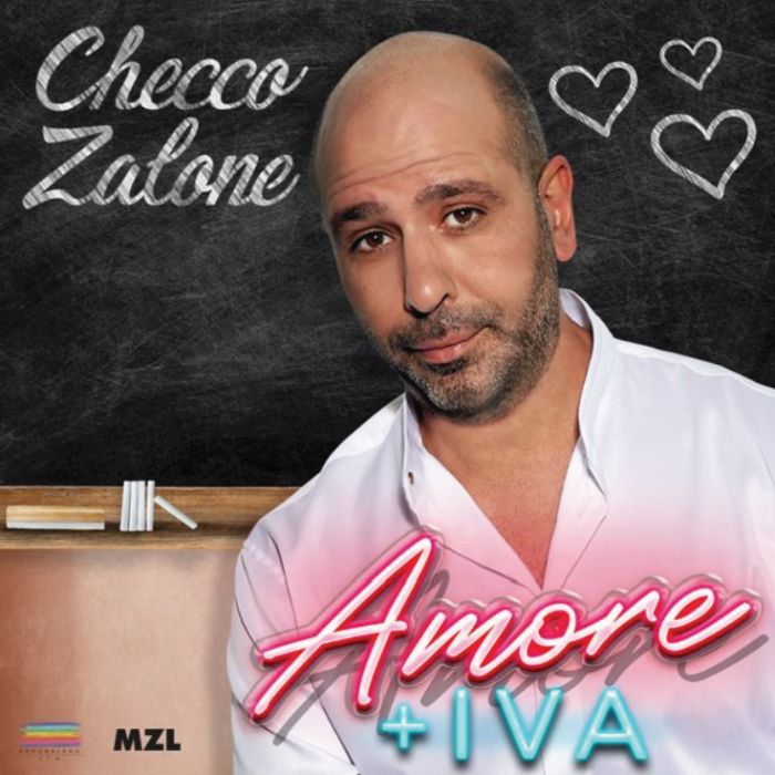 Parma - Checco >alone, camicia bianca, capelli rasati, disegnati tre cuoricini bianchi in alto a destra e a sinistra il suo nome, in basso a destra la scritta in rosa "amore+IVA"