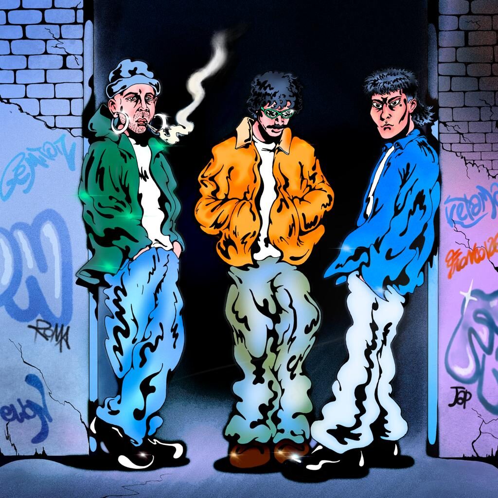 marciapiedi - la copertina del nuovo singolo di Lovegang126 che raffigura il disegno di tre rapper, dall'abbigliamento colorato, appoggiati al muro di un vicolo
