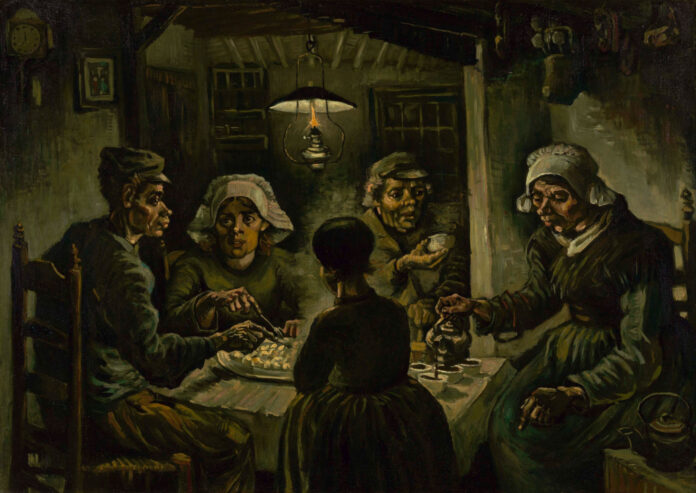 quadro i mangiatori di patate di vincente Van gogh in un ambiente scuro 5 persone sideono in una misera mensa