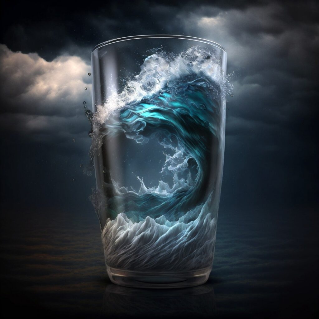 immagine surrealistica di un bicchiere con dentro il mare blu con spuma bianca appoggiato nel vuoto fatto di nuvole cupe nere