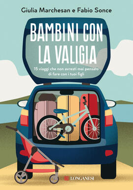 copertina del libro bambini con la valigia grafica con auto bagaliaio aperto con valige e bicicletta