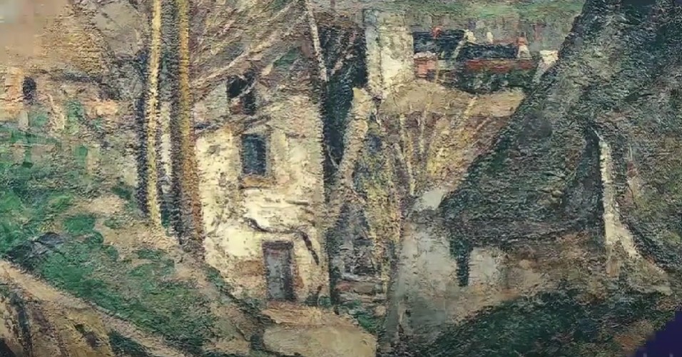 particolare della pittura di Cézanne, la casa dell'impiccato, una casa in mezzo a boschi