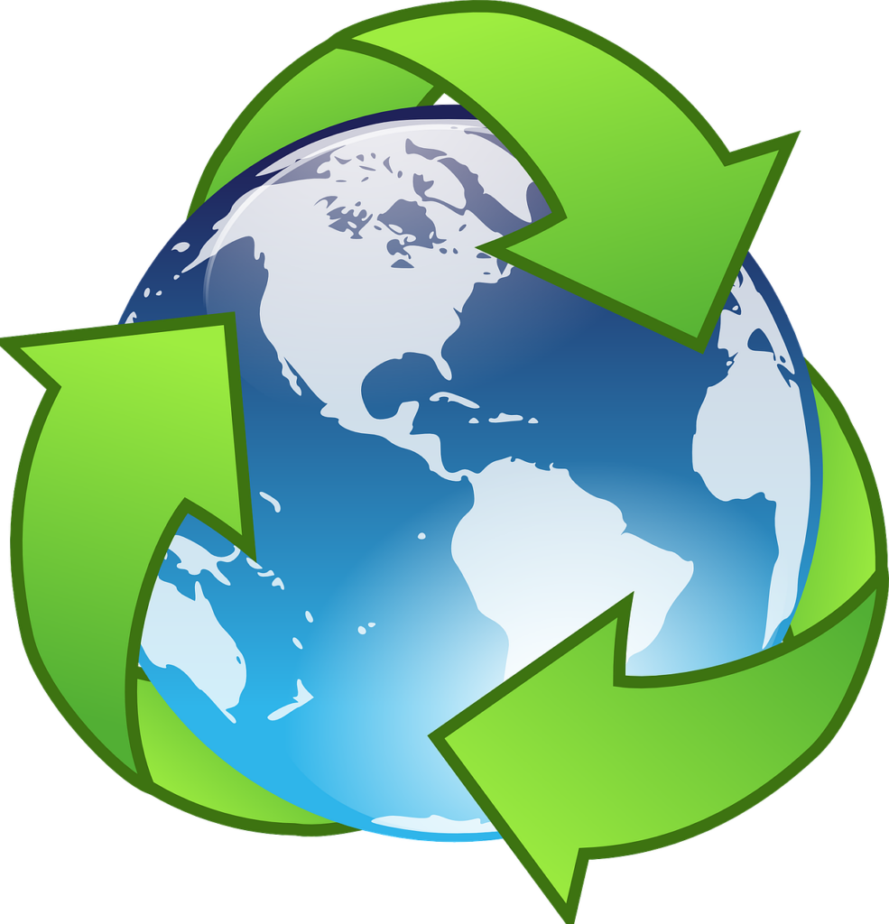 rivendita e riciclo - il simbolo del riciclo con le tre frecce verdi disposte a triangolo abbracciano il pianeta Terra
