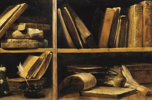 wunderkammer - olio su tela rappresentante scaffali antichi pieni di libri antichi