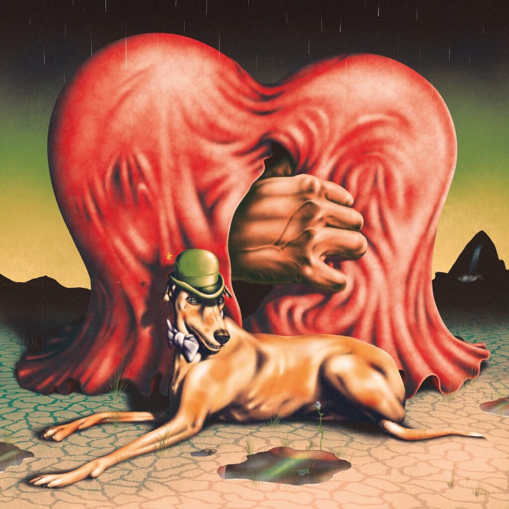 Luna di Miele, Fine del Mondo - la copertina del disco che raffigura il disegno di un cane da caccia, col cappello in testa, alle sue spalle un cuore stilizzato, con una mano che esce dal centro