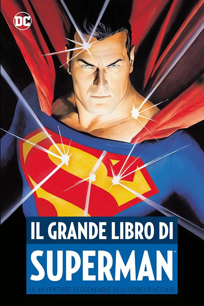 Superman con mantello rosso e tuta blu e una grande S rossa sul petto