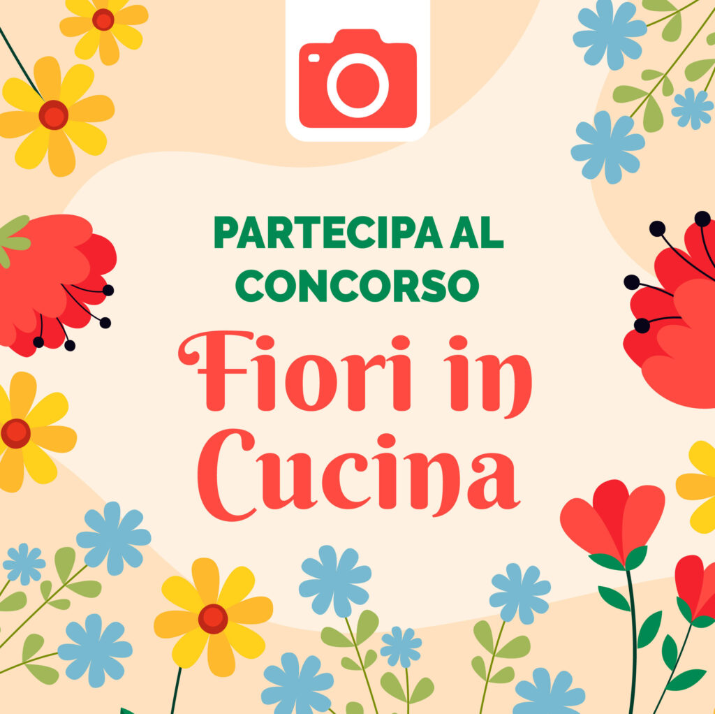 fiori in cucina - un quadrato giallo con i fiori colorati intorno e in mezzo la scritta partecipa anche tu al concorso fiori in cucina