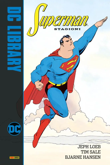 Superman con mantello rosso e tuta blu e una grande S rossa sul petto nlla sua classica posa con il braccio sinistro teso pronto a volare via