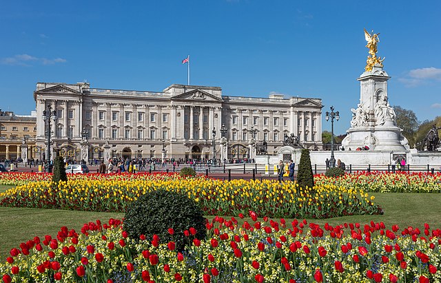 Buckingham Palace from gardens, London, UK