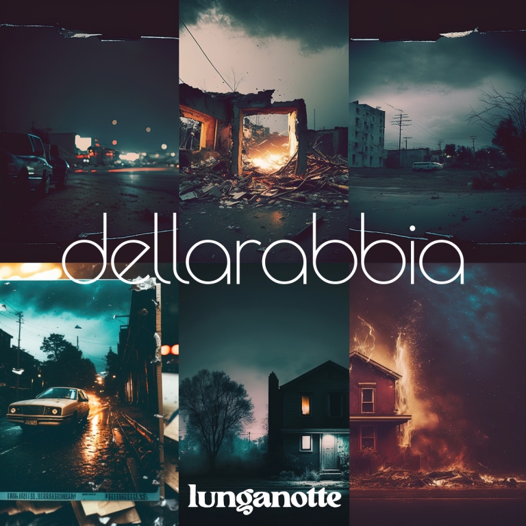 lunganotte - la copertina del nuov o album dei dellarabbia, che raffigura sei fotografie fotografie notturne di rovine, case in fiamme, automobili