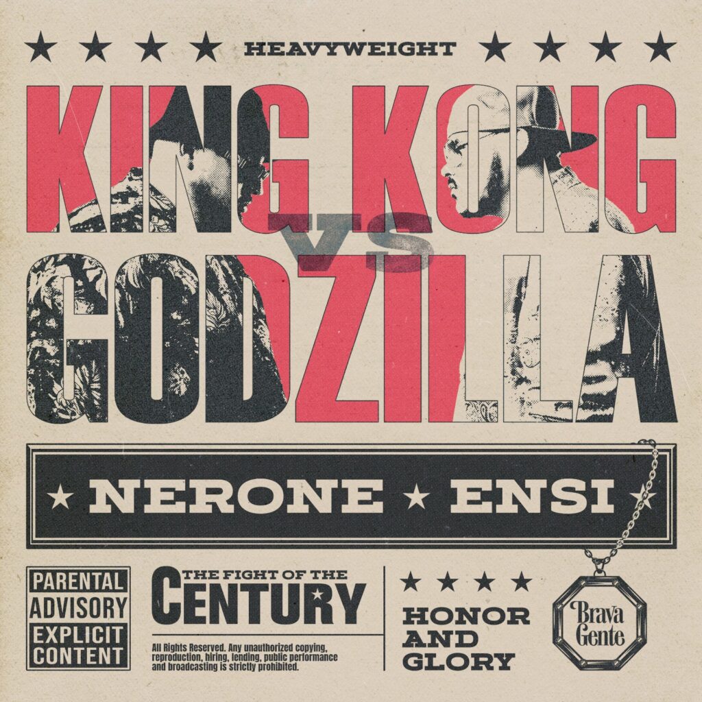 king kong vs godzilla - la copertina del singolo che raffigura una vecchia locandina pubblicitaria di un incontro di pugilato