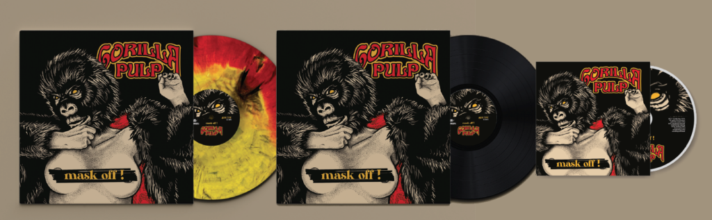 gorilla pulp - un collage di immagini relative alla copertina del nuovo album mask off!