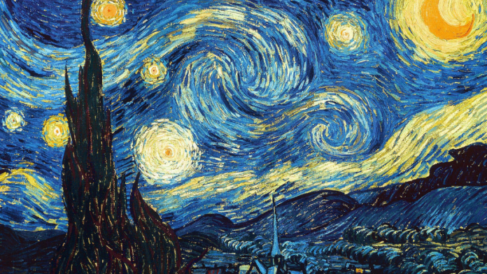 Music Art Nights, concerto, arte, musica classica, le stagioni, genio e follia, palazzina di caccia di stupinigi. La notte stella di Van Gogh, dipinto celebre in cui i colori protagonisti sono il blu con le sue sfumature e il giallo delle stelle.