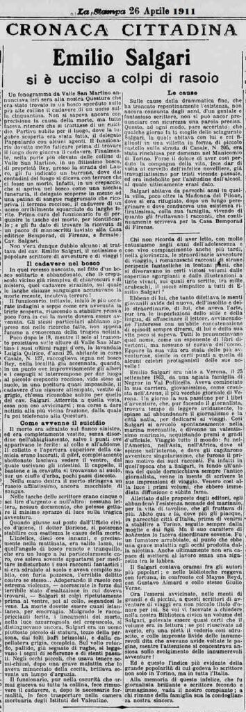 articolo della stampa del 1911 che anuncia la morte di Emilio Salgari