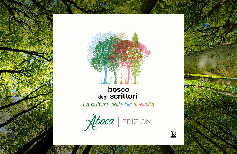 locandina aboca per il bosco degli scrittori in primo piano logo aboca con albero e sullo sfondo foresta